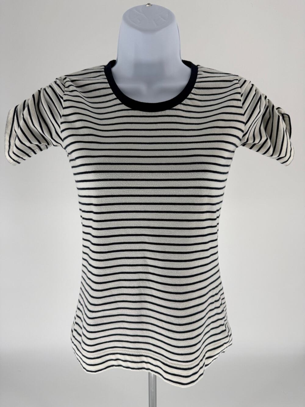 BLUED Original XS Ivory Navy Stripe Puff Sleeve Crew Neck Knit Top Stretch Tee